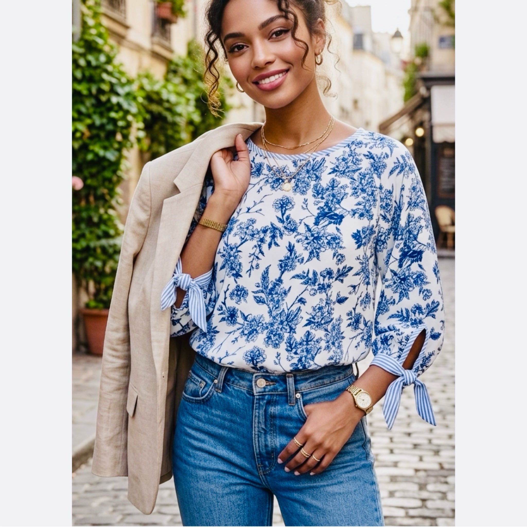 Coastal Chic Vintage Floral Print Blouse with Bow Sleeves Navy & Ivory