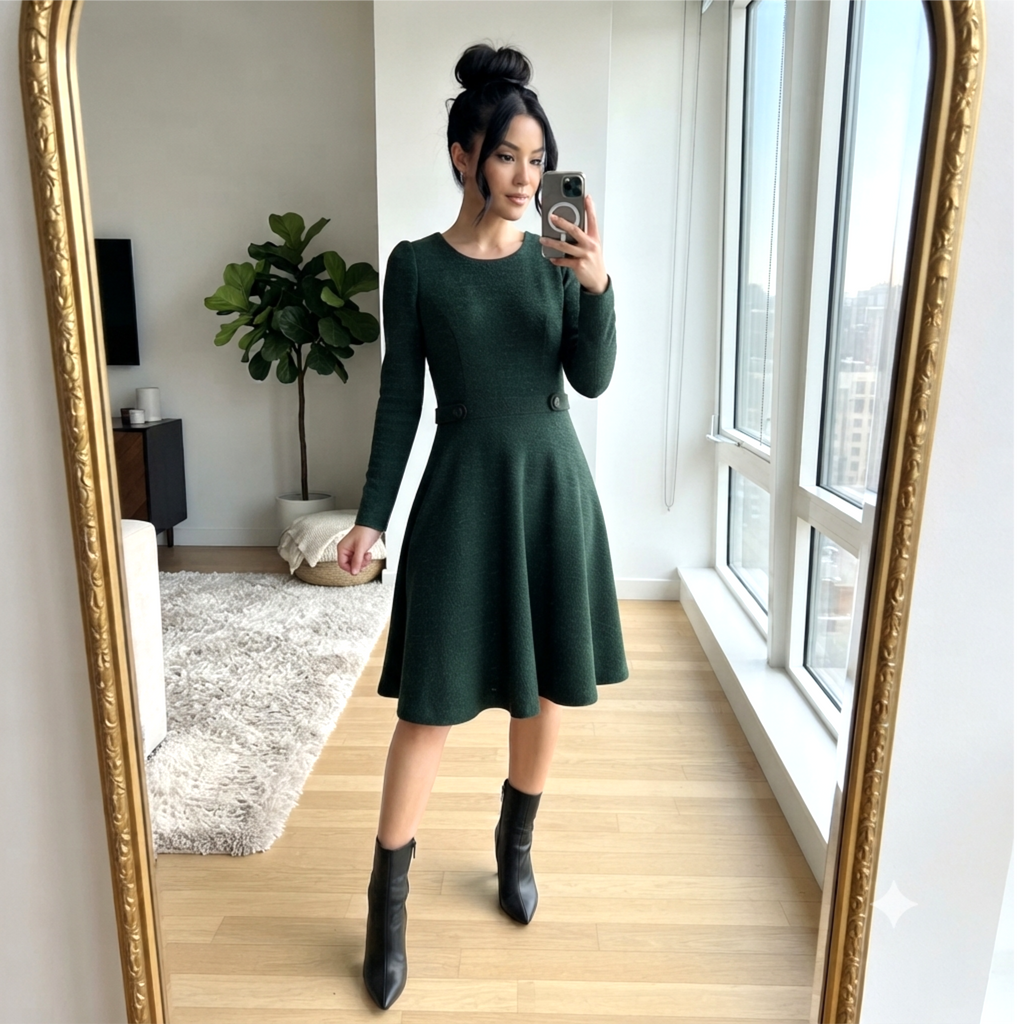Gilli Textured Fit & Flare Dress Long Puff Sleeve in Dark Green