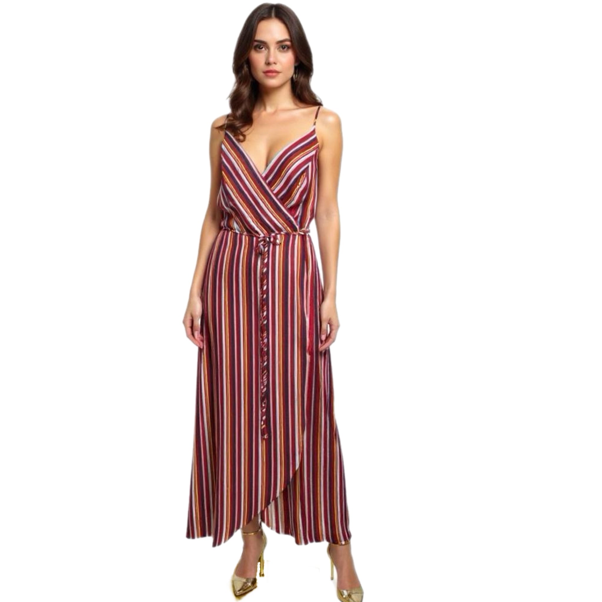 AQUA Women’s Resort Maxi Dress In Wine Stripe Sleeveless Wrap V Neck