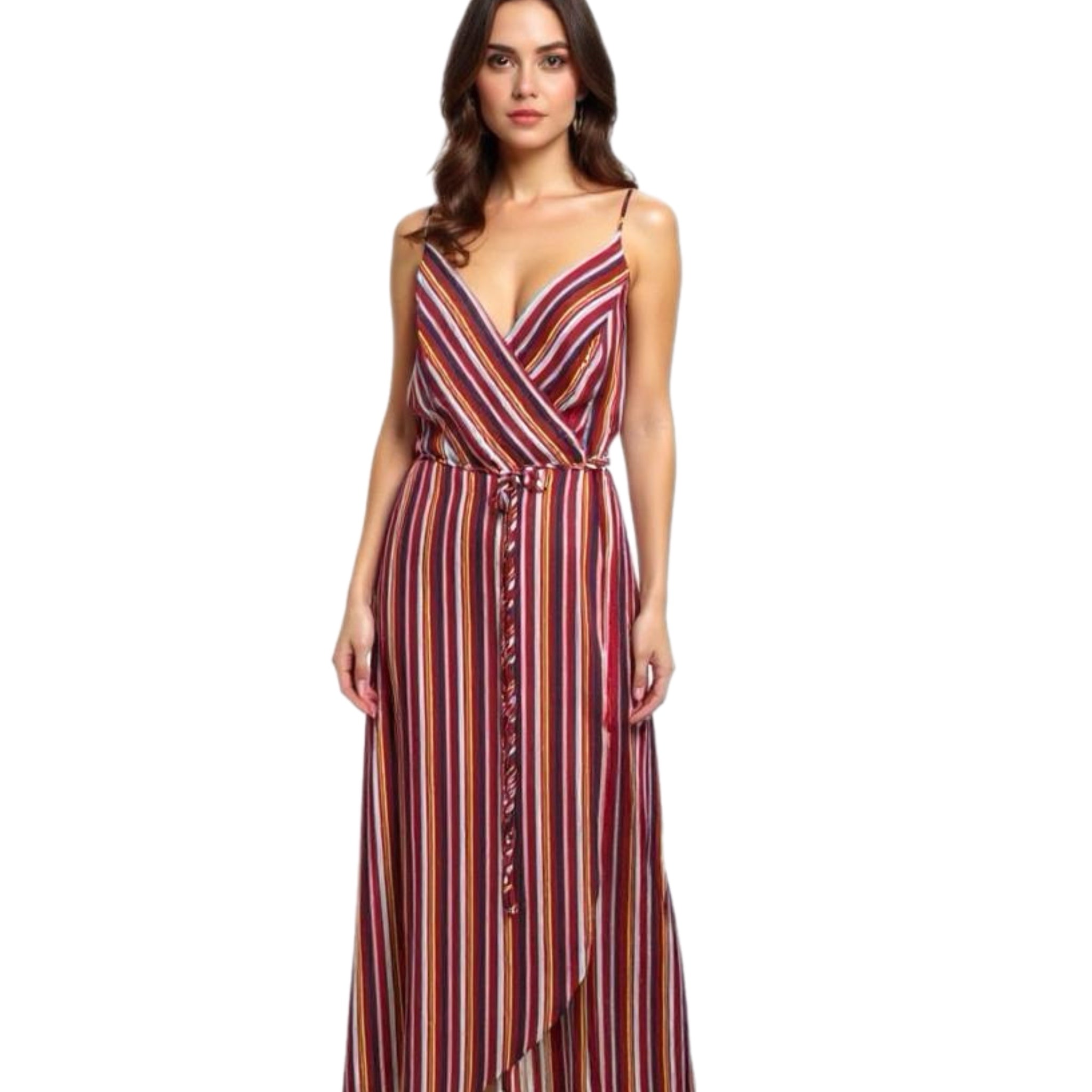 AQUA Women’s Resort Maxi Dress In Wine Stripe Sleeveless Wrap V Neck