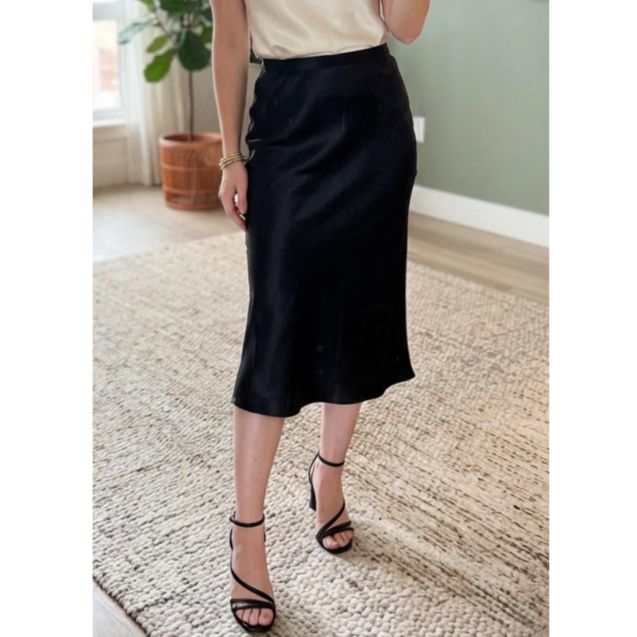 Hashttag in Trend Silky Classic Black Midi Skirt Minimalist Slip Style