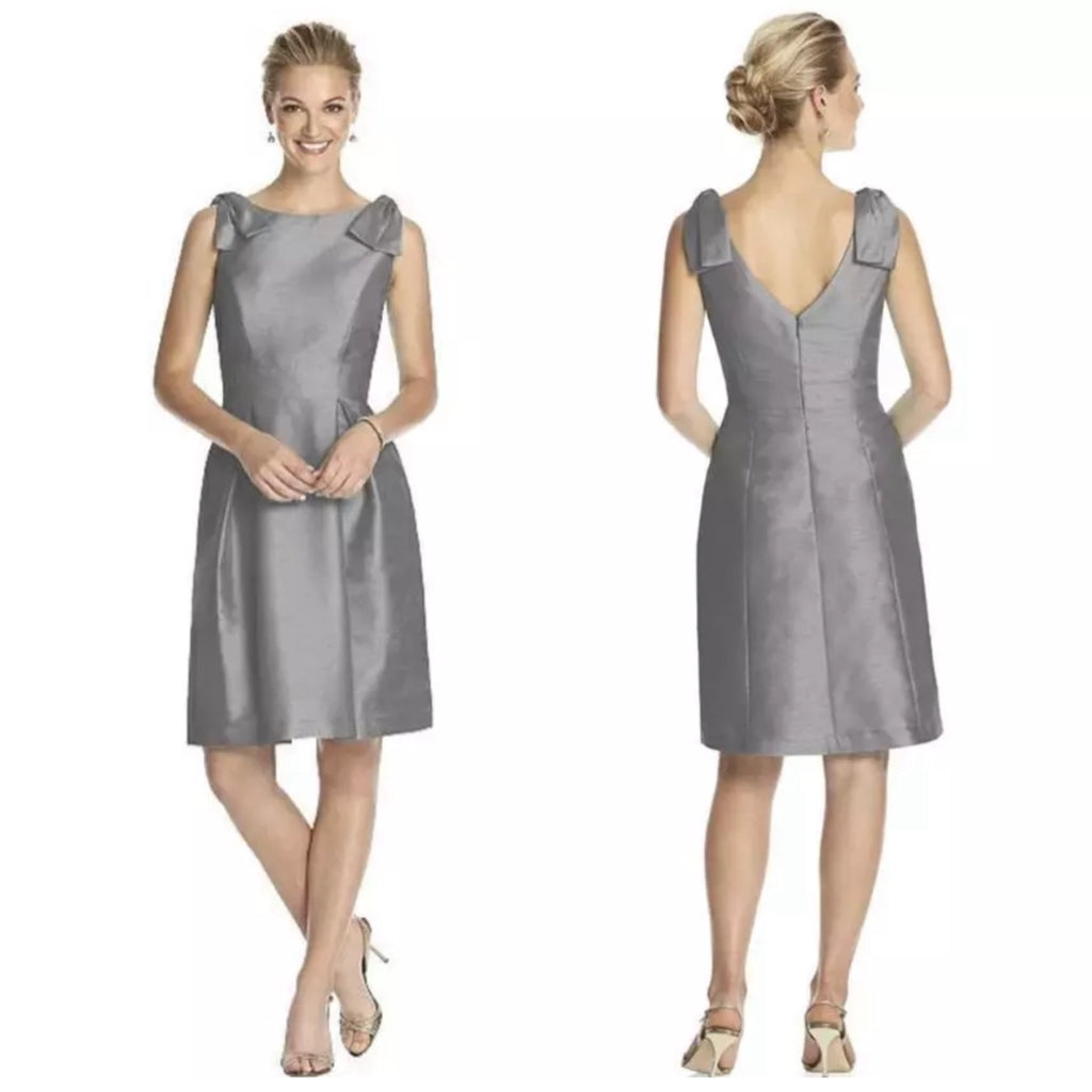 ALFRED SUNG Dupioni Cocktail Dress Bow Accents Sleeveless in Silver