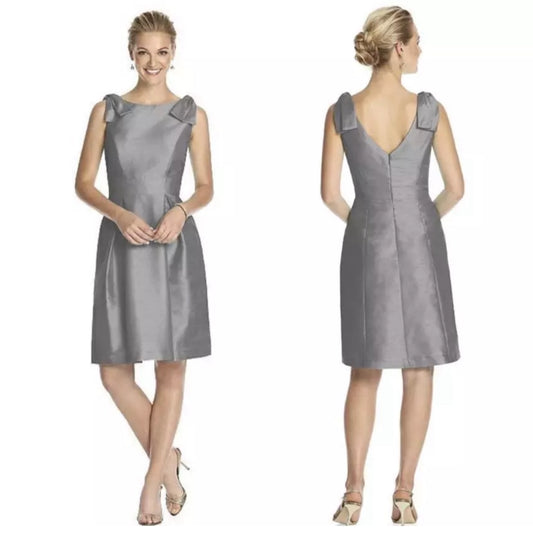 ALFRED SUNG Dupioni Cocktail Dress Bow Accents Sleeveless in Silver