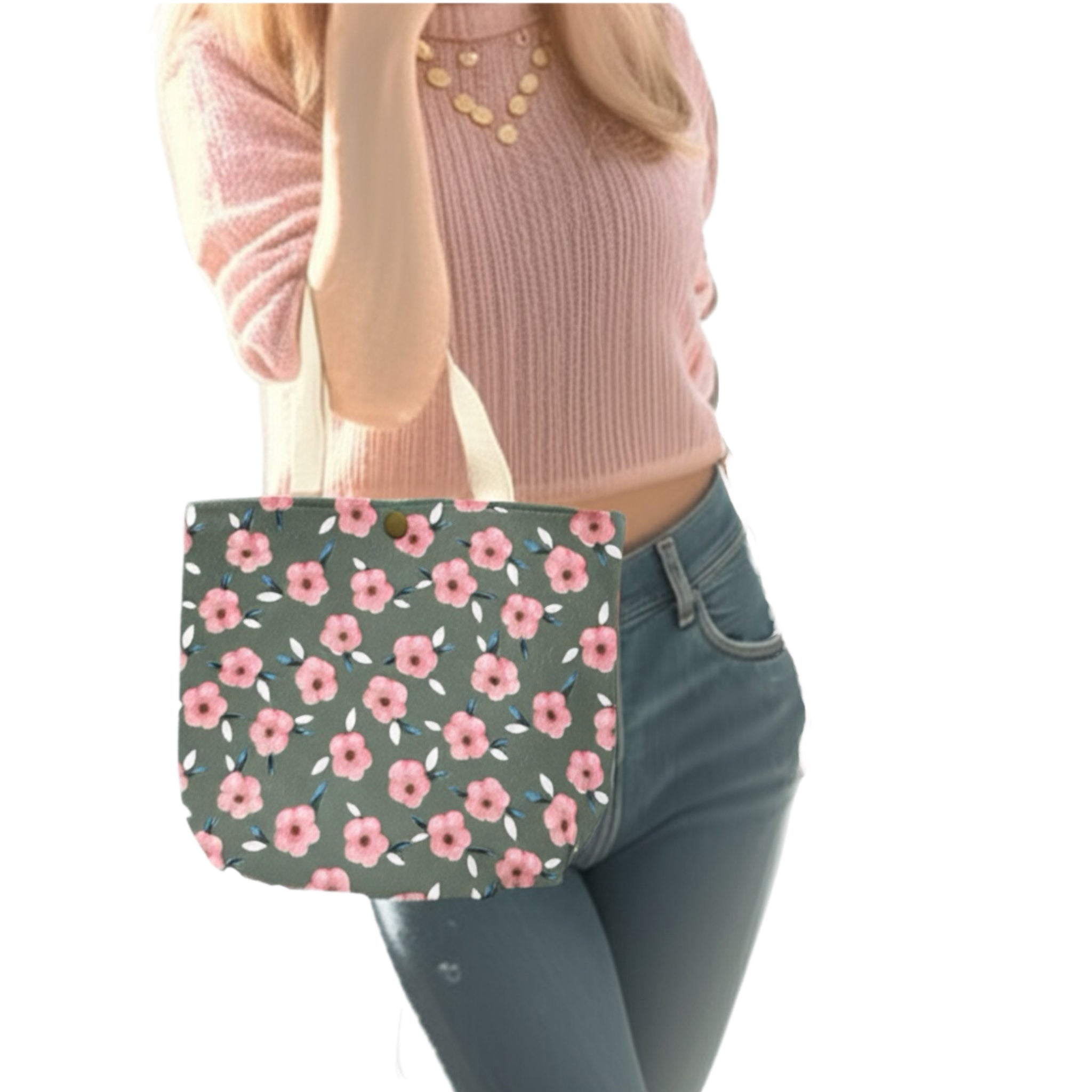 Vintage Style Artistic Floral Corduroy Small Tote Sage w/Pink