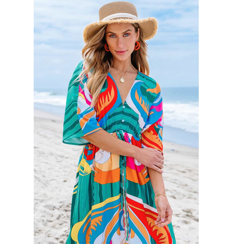 Tropical Abstract Print Tie Waist Maxi Dress Resort-Wear