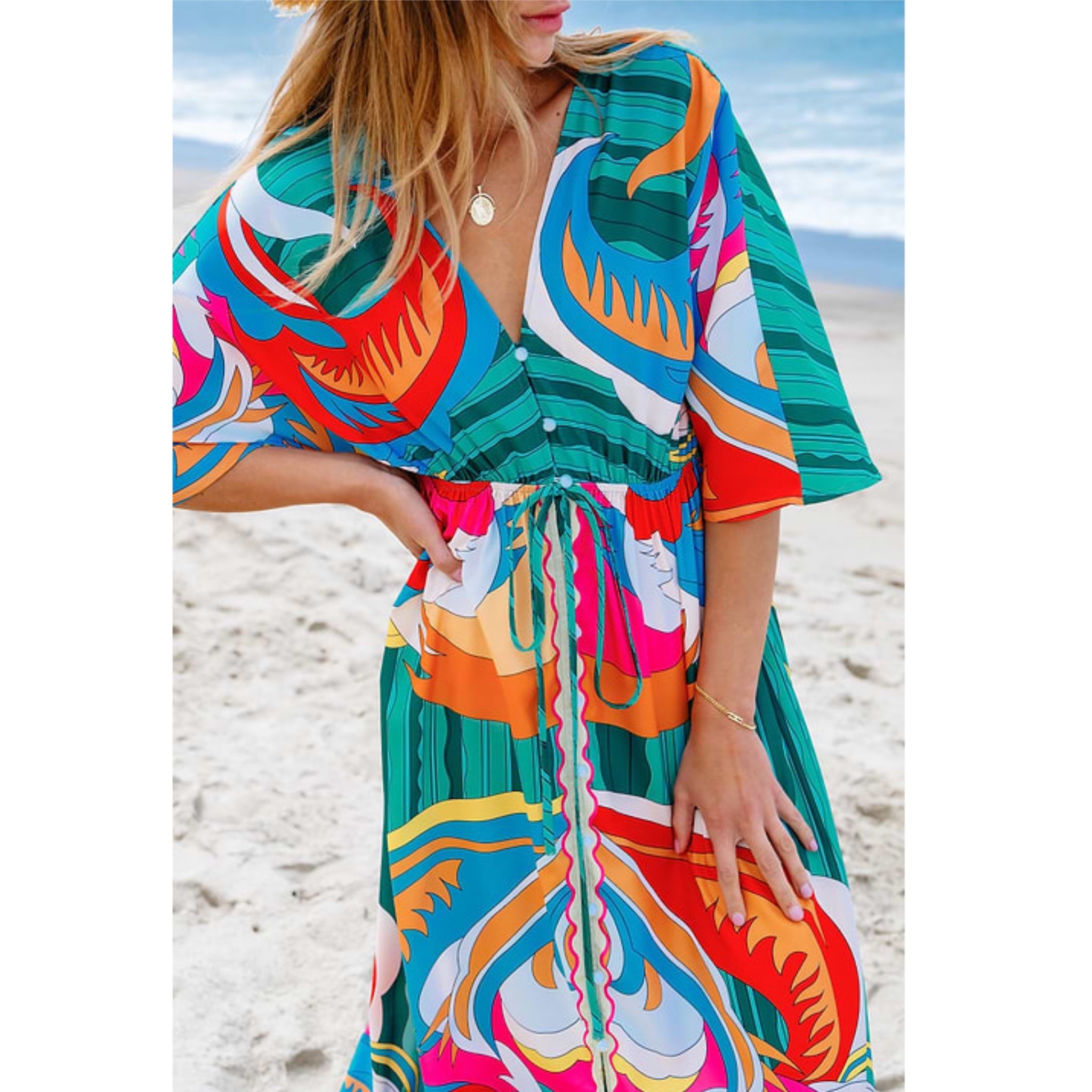 Tropical Abstract Print Tie Waist Maxi Dress Resort-Wear