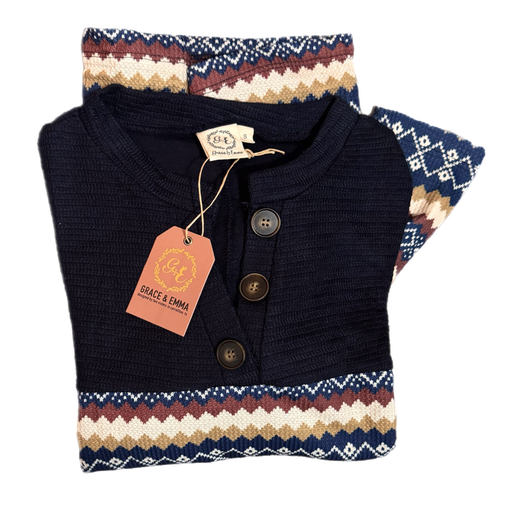 Southern Grace: The Sedona Sky Aztec Henley Pull Over Sweater Navy Multi