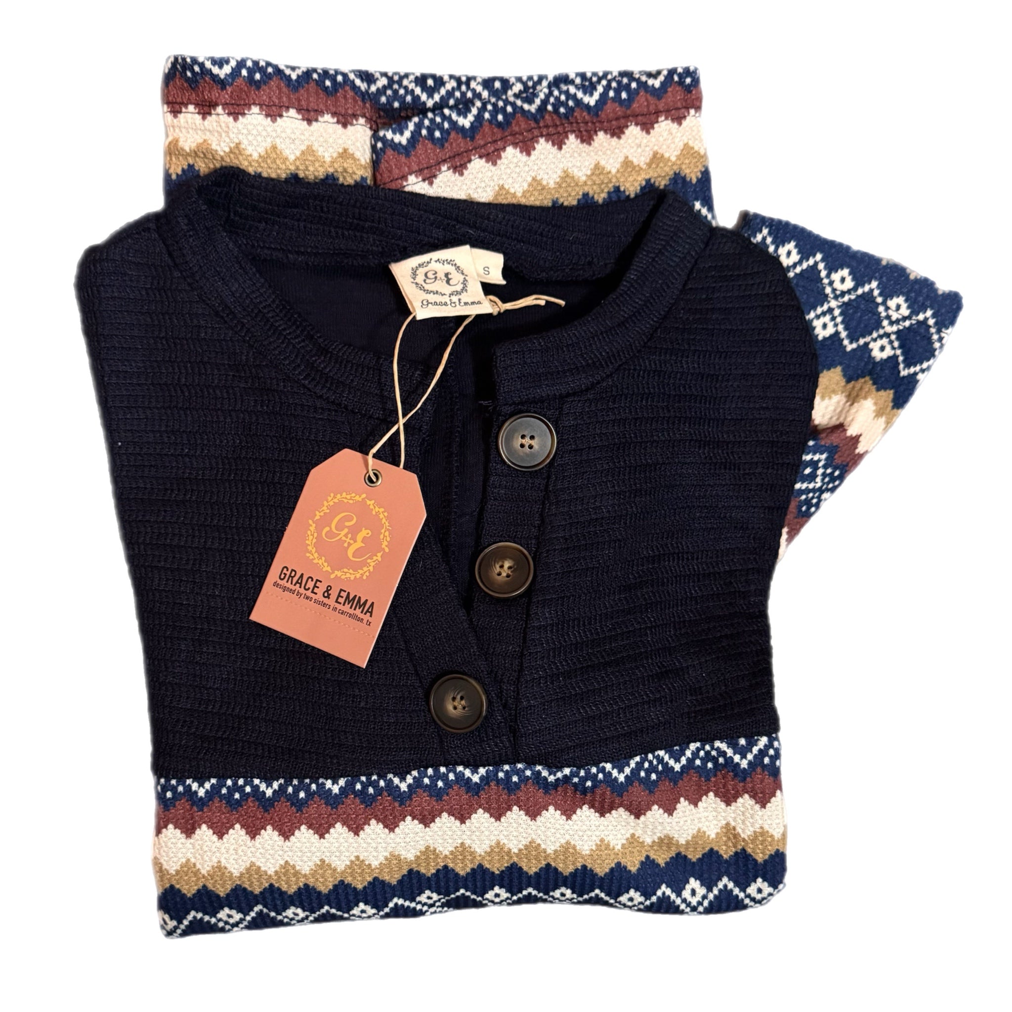 Southern Grace: The Sedona Sky Aztec Henley Pull Over Sweater Navy Multi