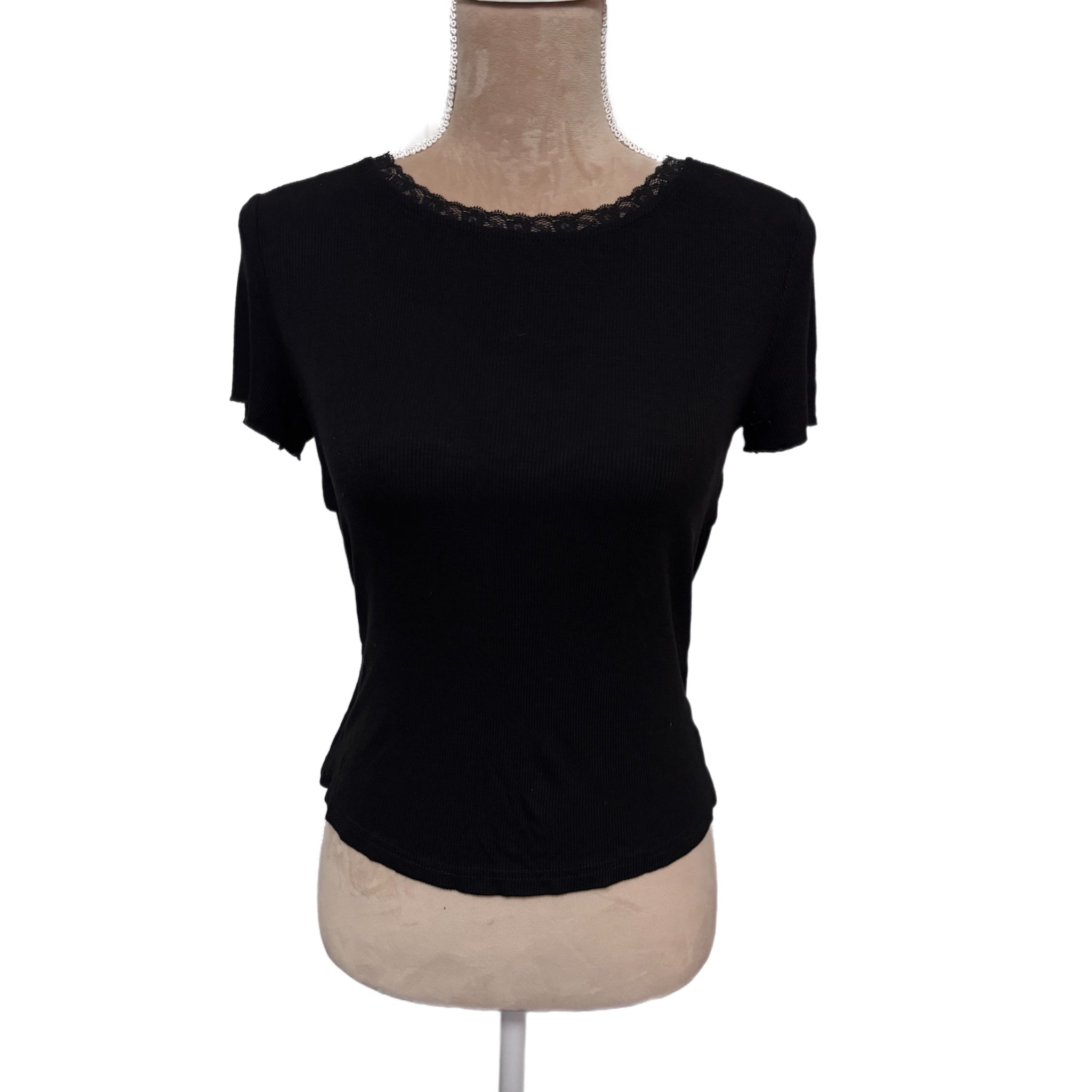 POL Open-Back Tie Top Knit Short Sleeve Lace Detail in Black