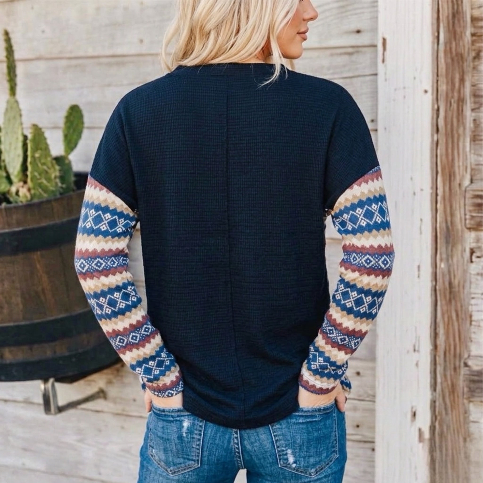 Southern Grace: The Sedona Sky Aztec Henley Pull Over Sweater Navy Multi