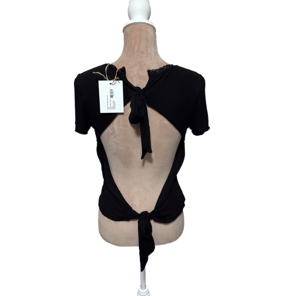 POL Open-Back Tie Top Knit Short Sleeve Lace Detail in Black