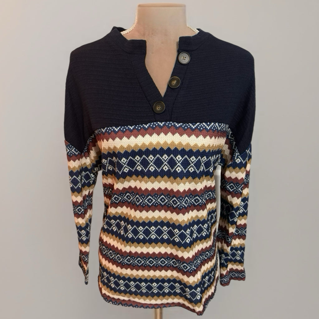 Southern Grace: The Sedona Sky Aztec Henley Pull Over Sweater Navy Multi