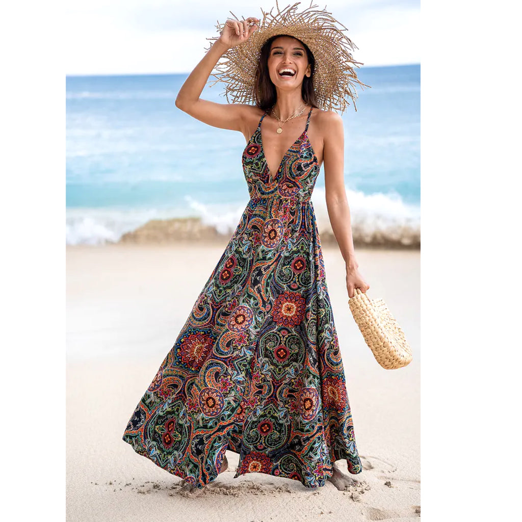 Floral Ornate Print Plunge Maxi Dress Resort-wear Spaghetti Strap