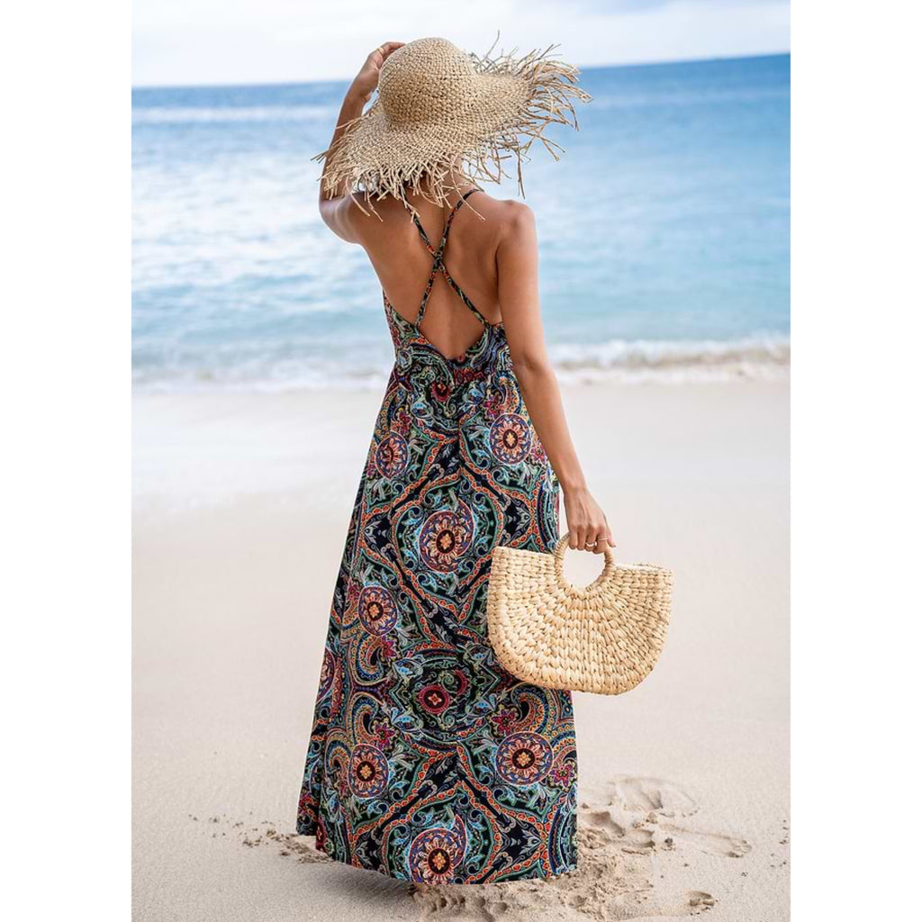 Floral Ornate Print Plunge Maxi Dress Resort-wear Spaghetti Strap