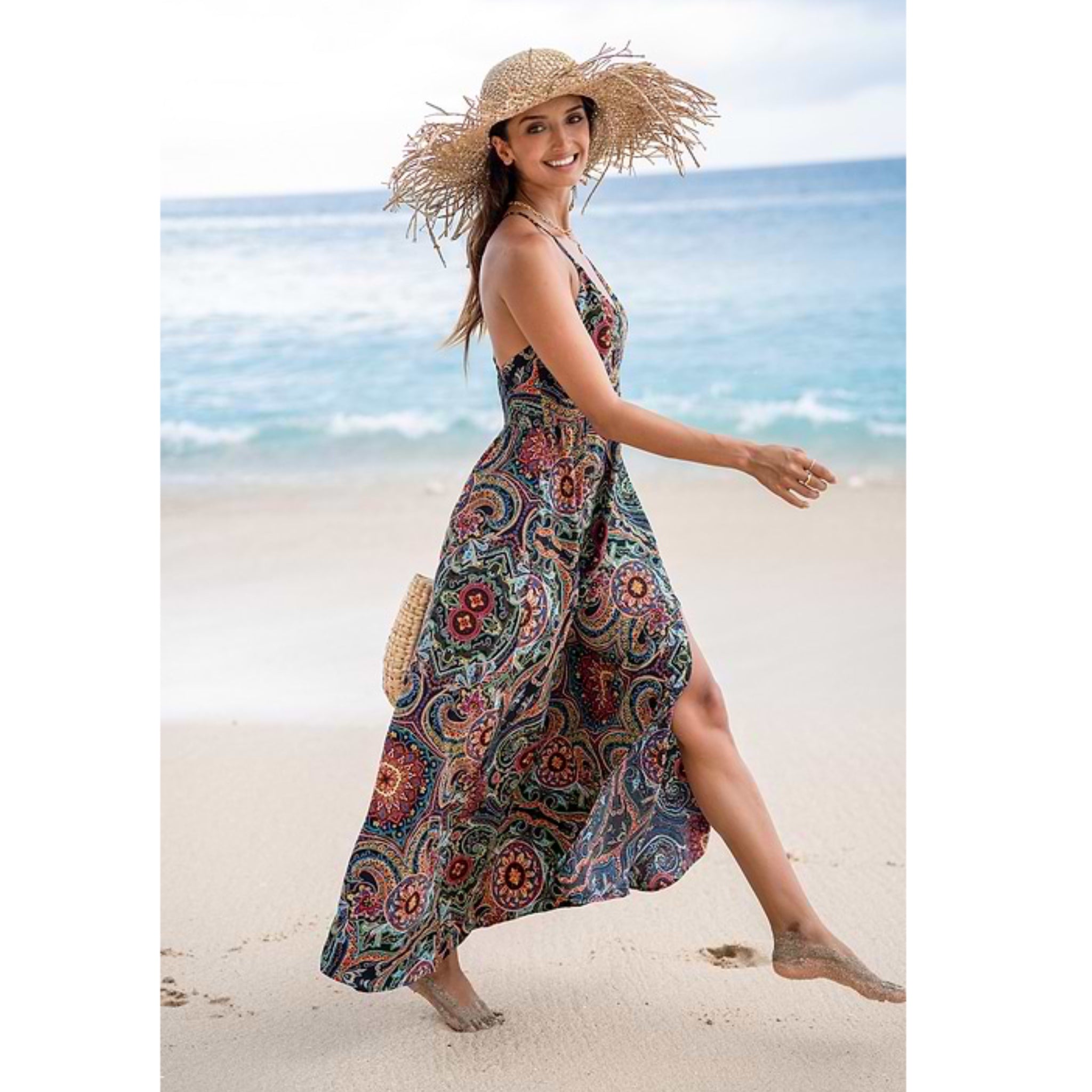 Floral Ornate Print Plunge Maxi Dress Resort-wear Spaghetti Strap