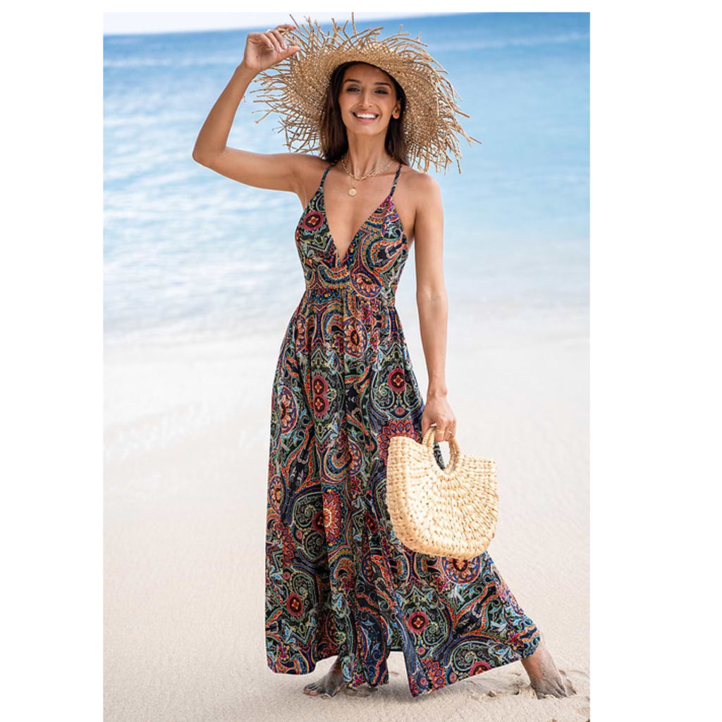 Floral Ornate Print Plunge Maxi Dress Resort-wear Spaghetti Strap