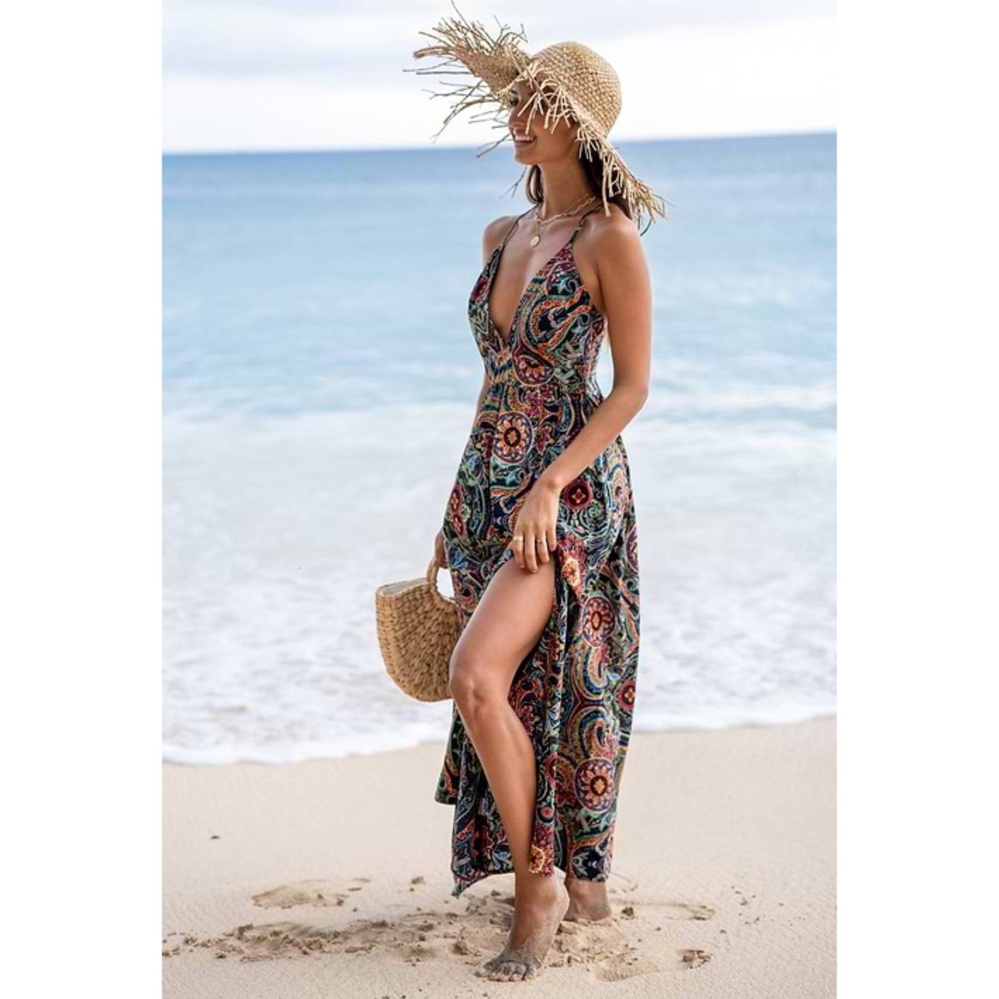 Floral Ornate Print Plunge Maxi Dress Resort-wear Spaghetti Strap