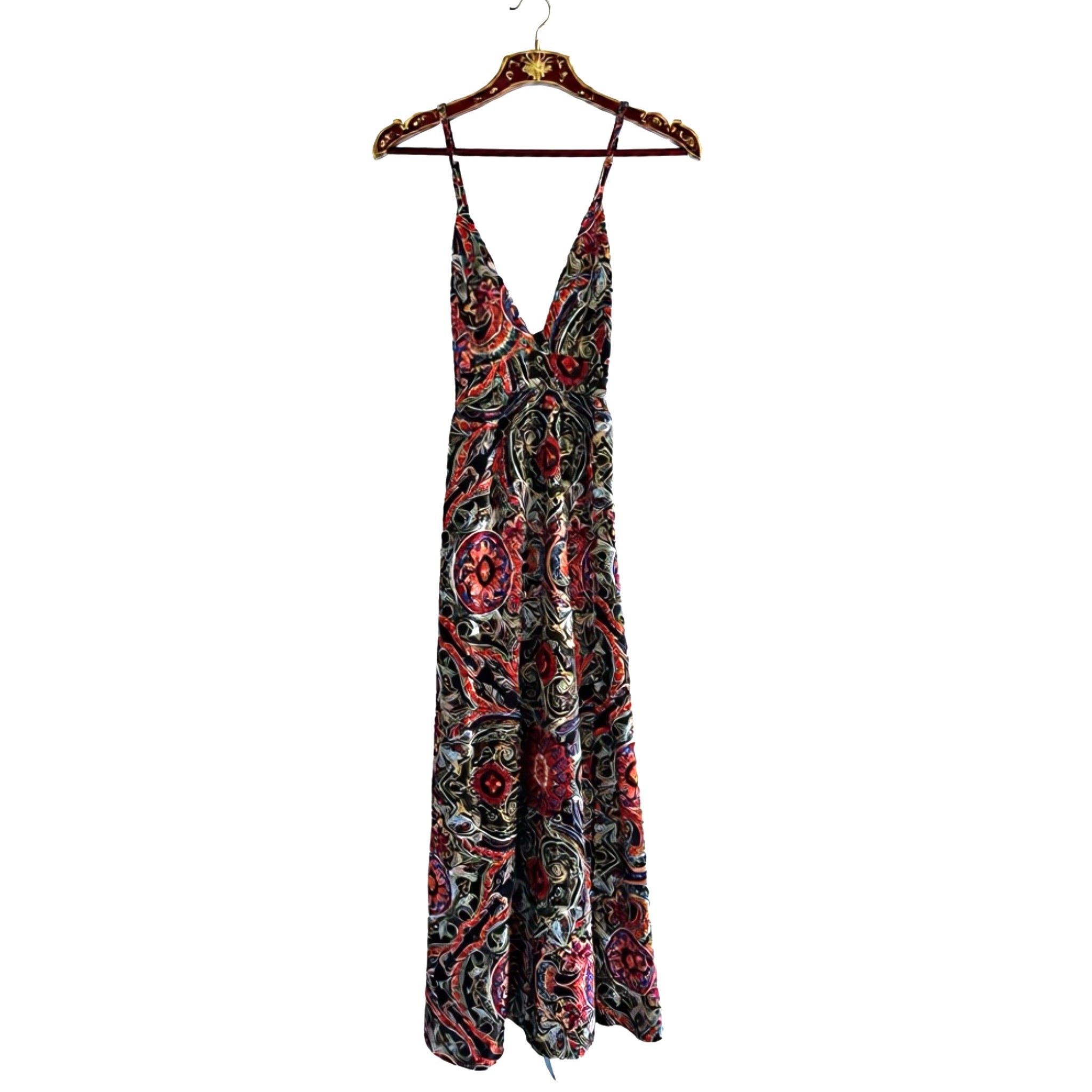 Floral Ornate Print Plunge Maxi Dress Resort-wear Spaghetti Strap