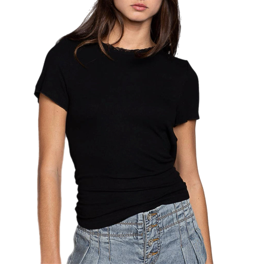 POL Open-Back Tie Top Knit Short Sleeve Lace Detail in Black