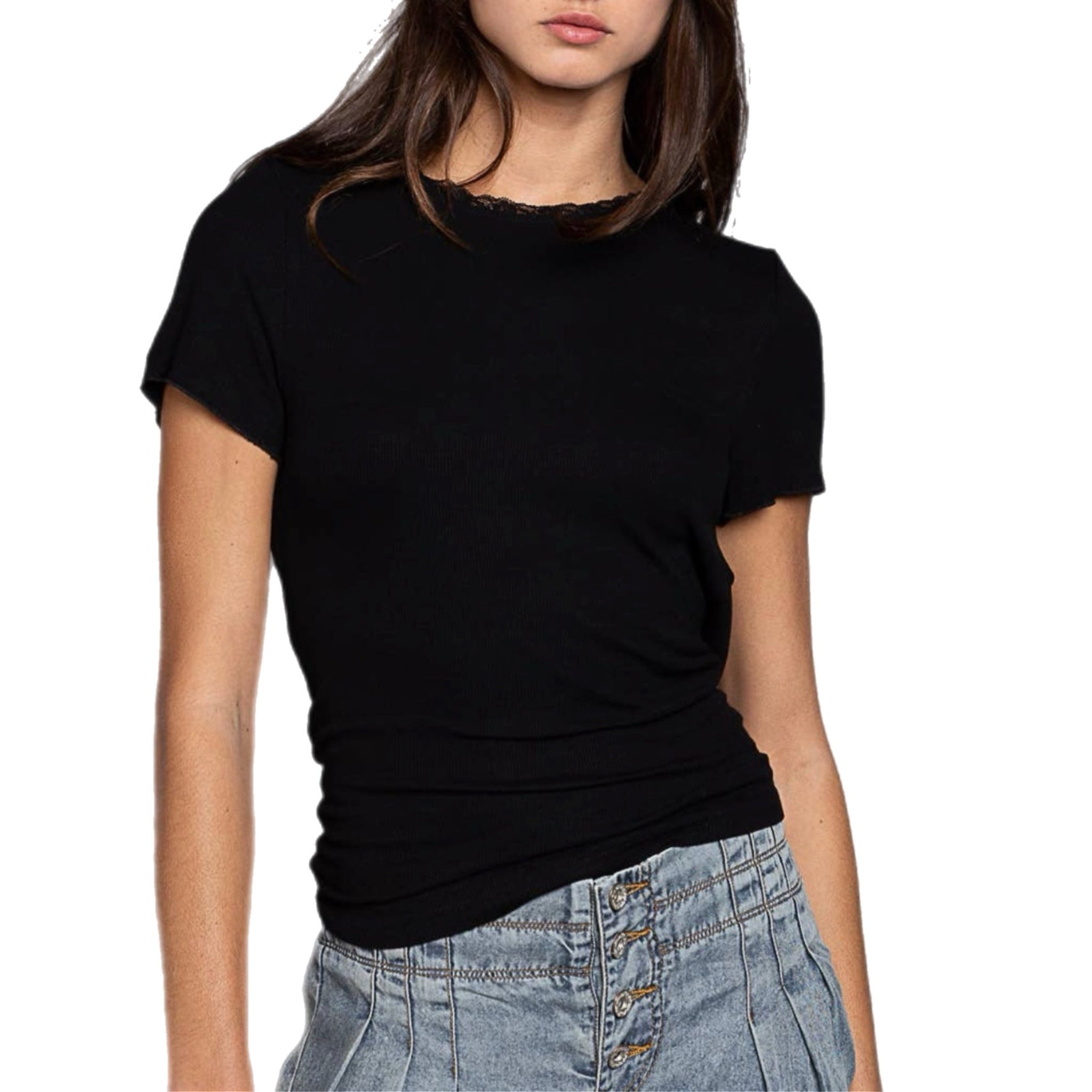 POL Open-Back Tie Top Knit Short Sleeve Lace Detail in Black
