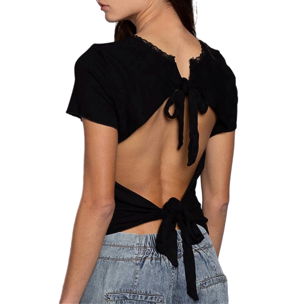 POL Open-Back Tie Top Knit Short Sleeve Lace Detail in Black