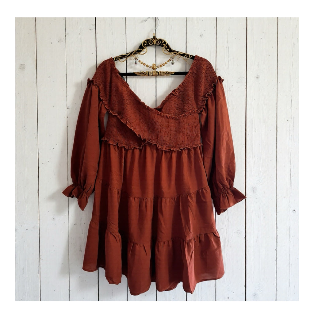 Boho Crisscross Off Shoulder Dress Long Sleeve Mini in Terracotta Brown