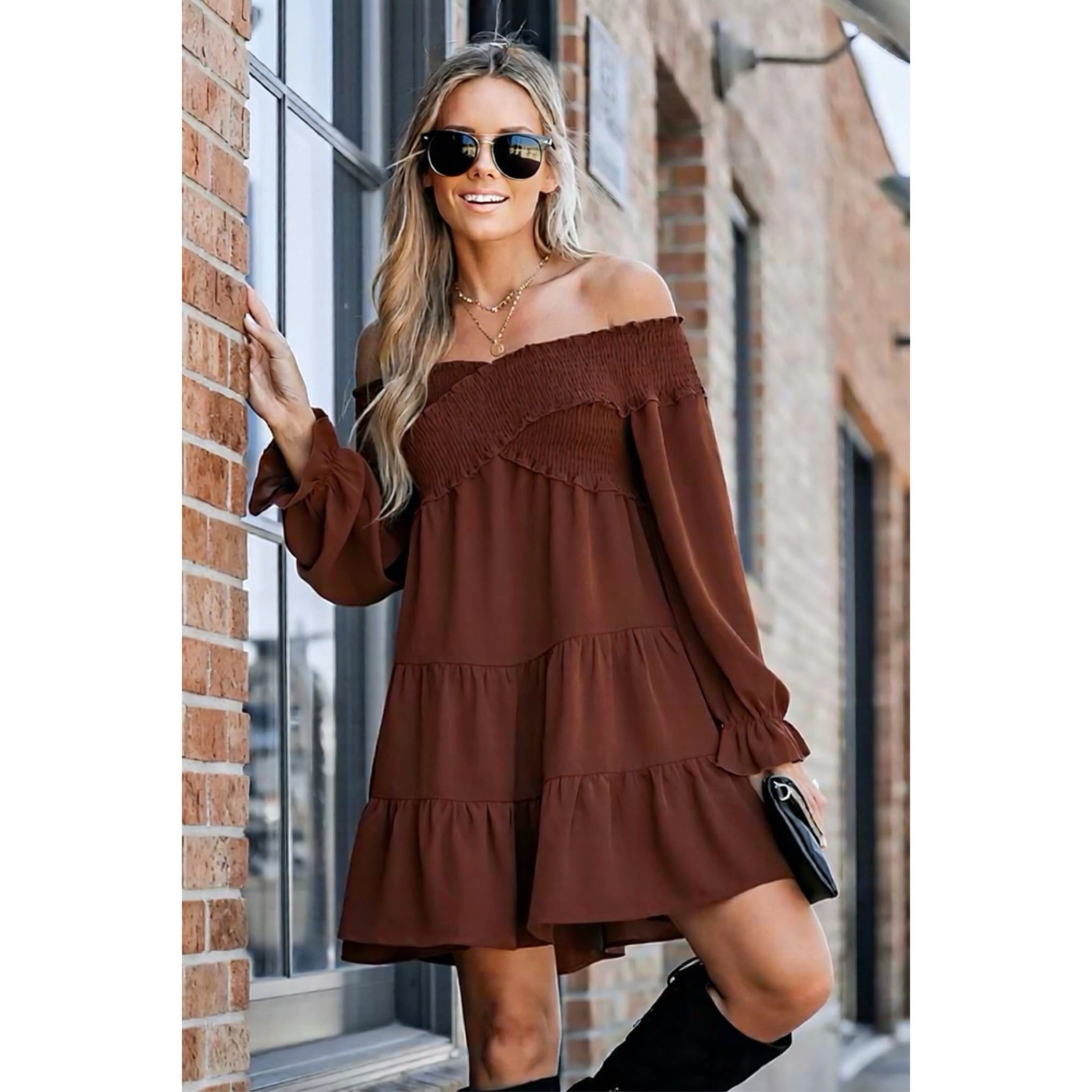 Boho Crisscross Off Shoulder Dress Long Sleeve Mini in Terracotta Brown