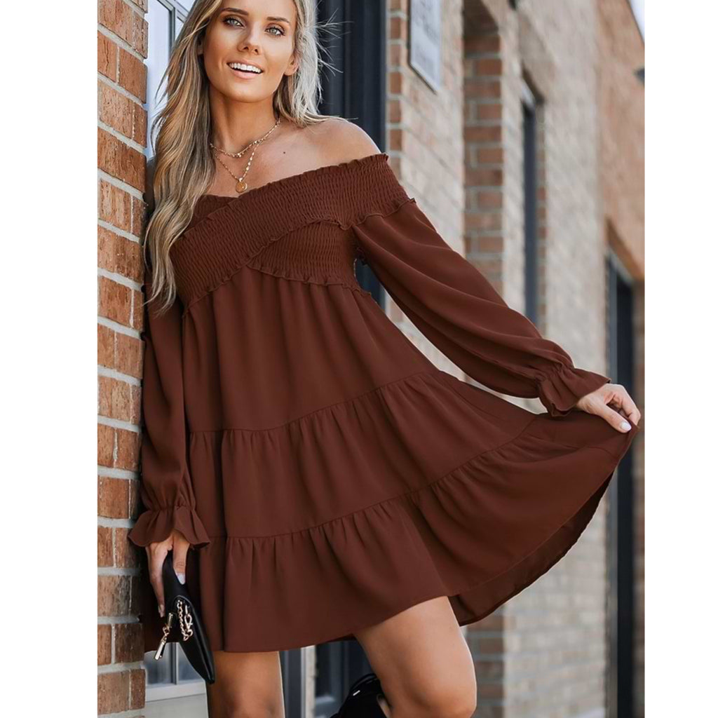 Boho Crisscross Off Shoulder Dress Long Sleeve Mini in Terracotta Brown
