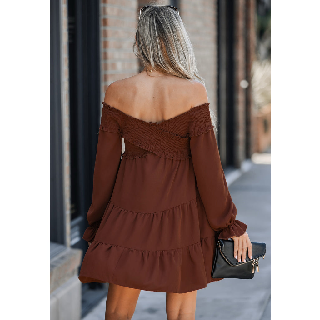 Boho Crisscross Off Shoulder Dress Long Sleeve Mini in Terracotta Brown