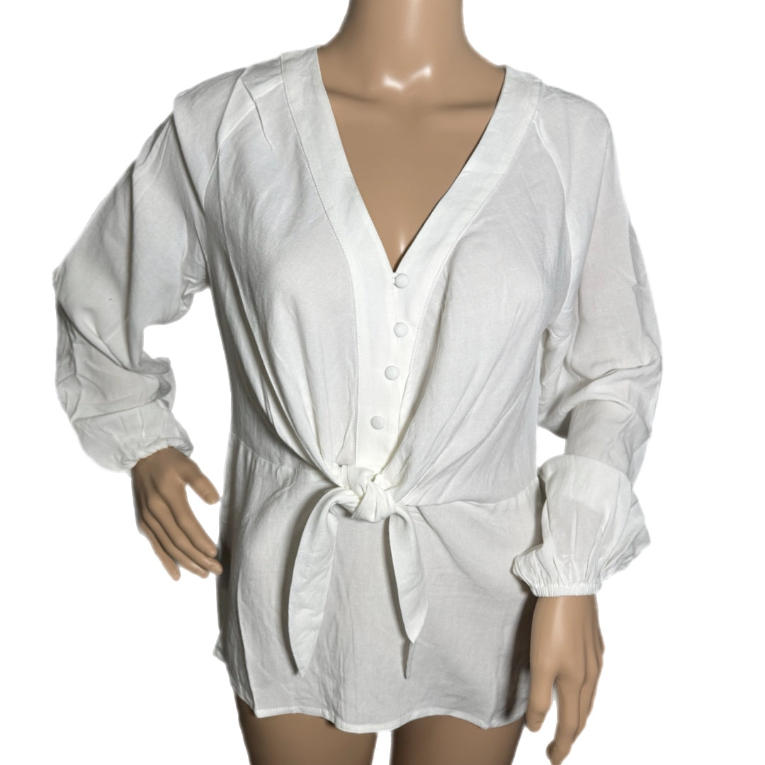 East Coast Linen Blend Long Sleeve White V Neck Blouse