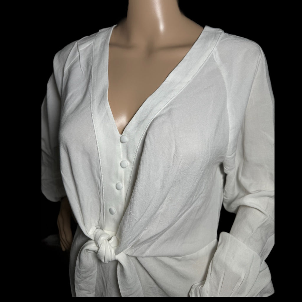East Coast Linen Blend Long Sleeve White V Neck Blouse