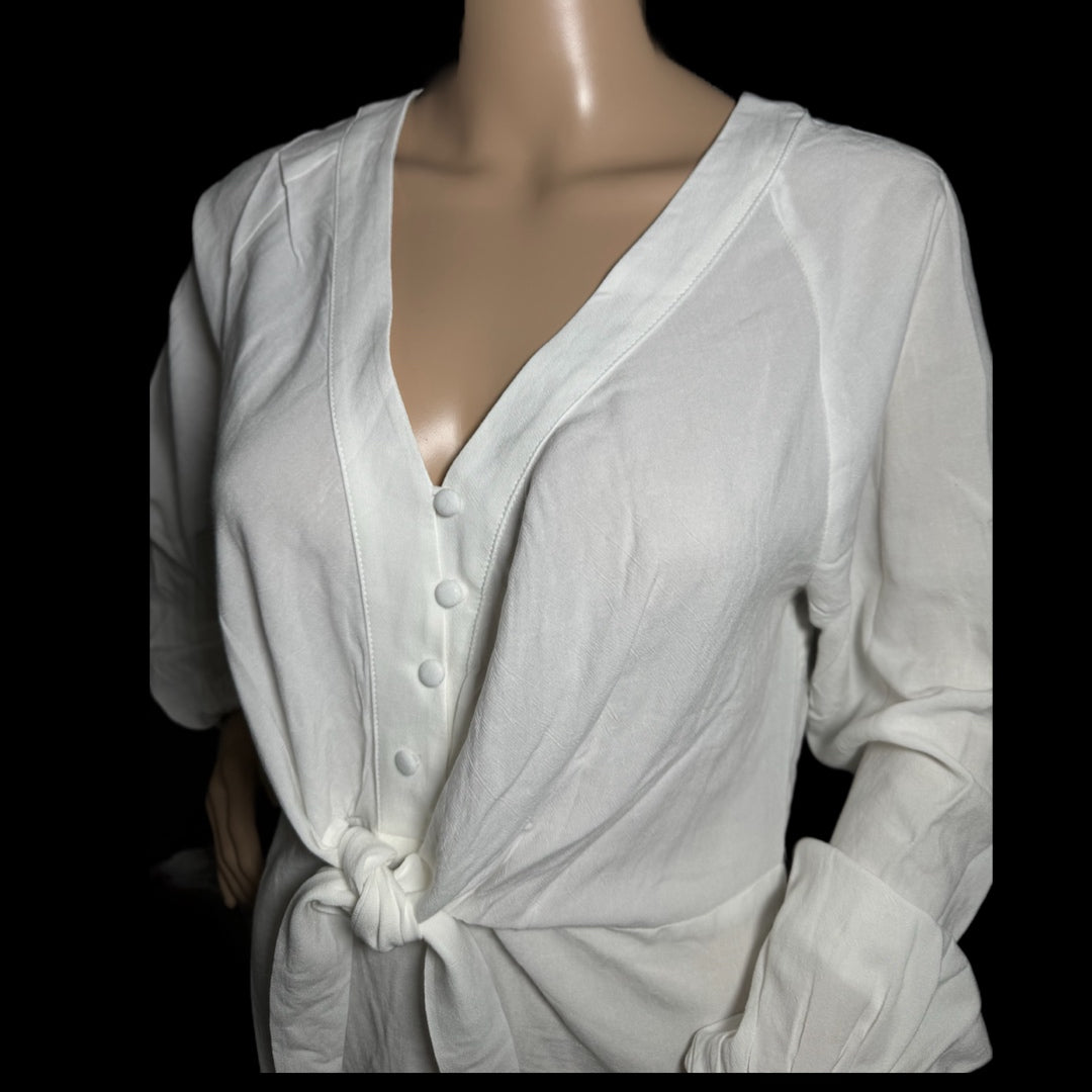 East Coast Linen Blend Long Sleeve White V Neck Blouse