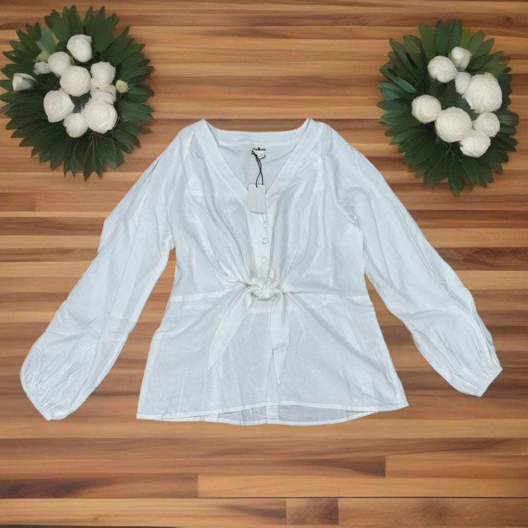 East Coast Linen Blend Long Sleeve White V Neck Blouse