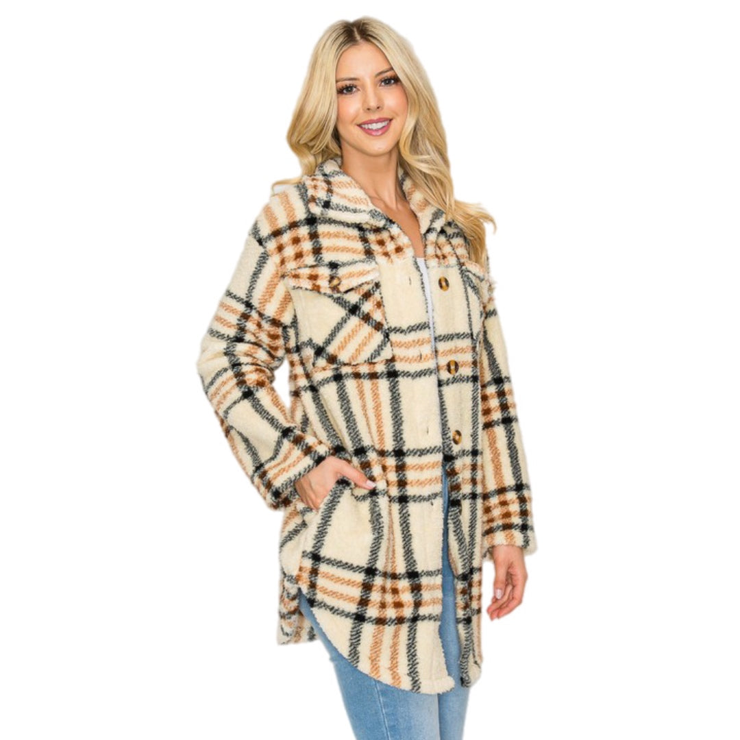 East Coast Sherpa Fleece Shacket Beige Black Plaid Buttoned