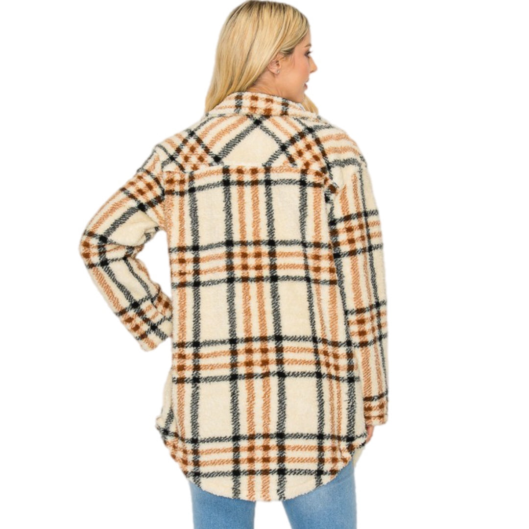 East Coast Sherpa Fleece Shacket Beige Black Plaid Buttoned