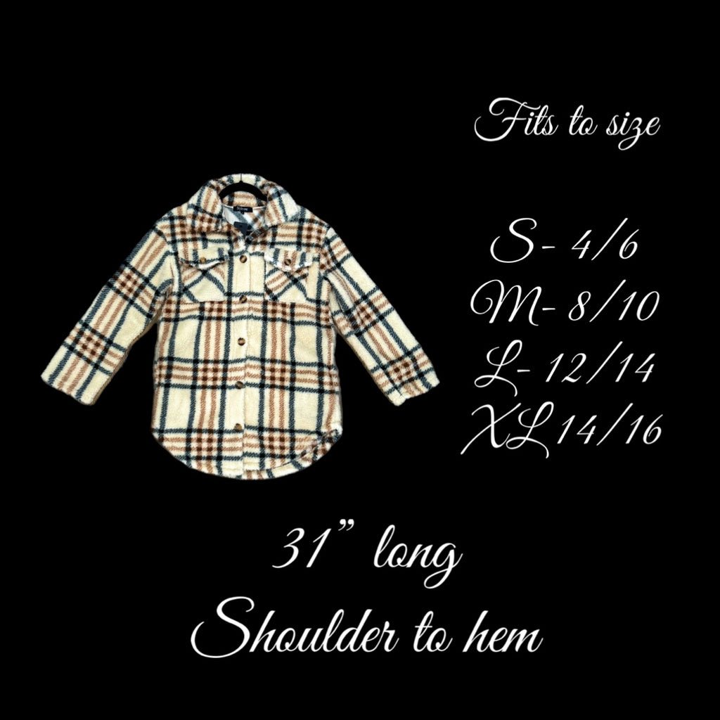 East Coast Sherpa Fleece Shacket Beige Black Plaid Buttoned