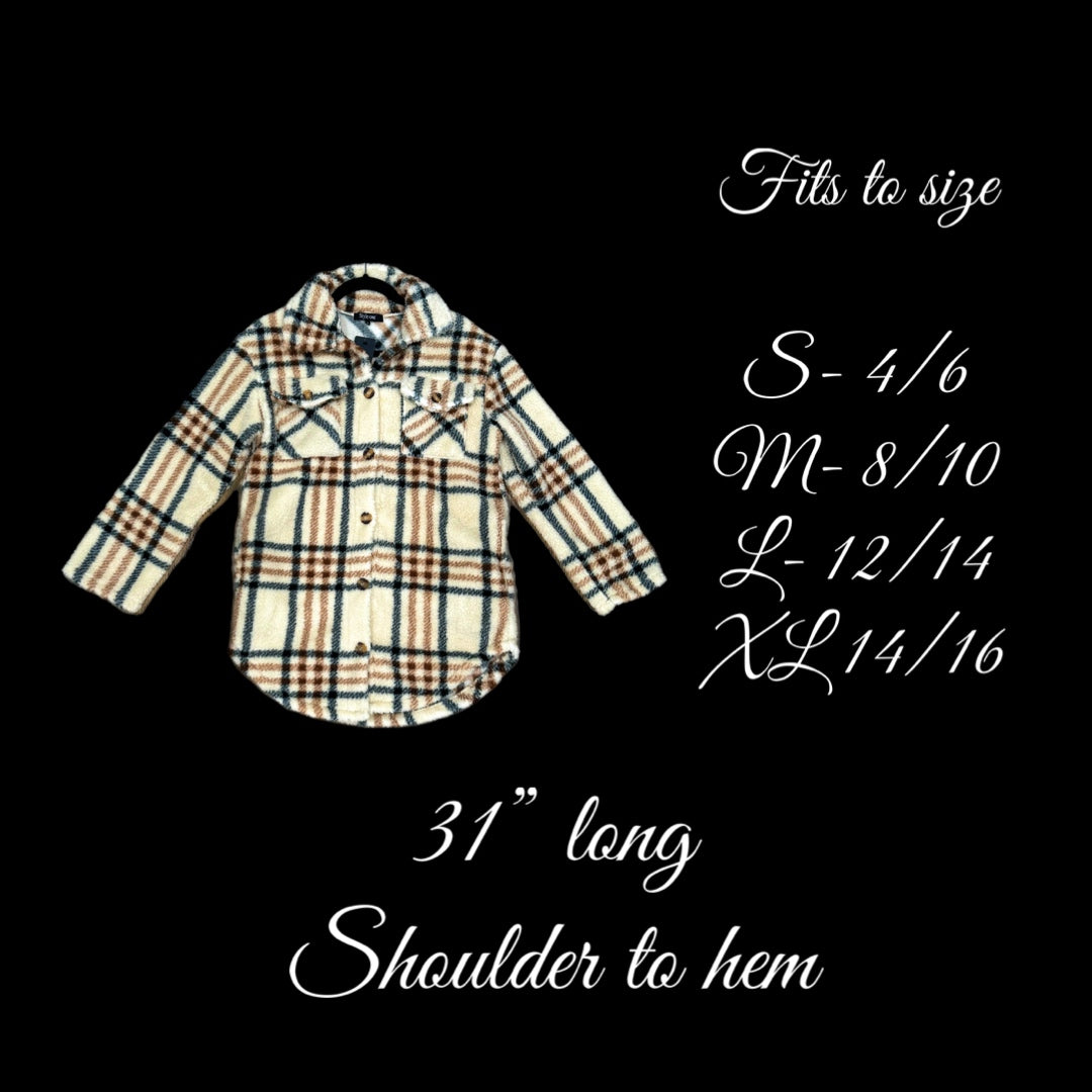 East Coast Sherpa Fleece Shacket Beige Black Plaid Buttoned