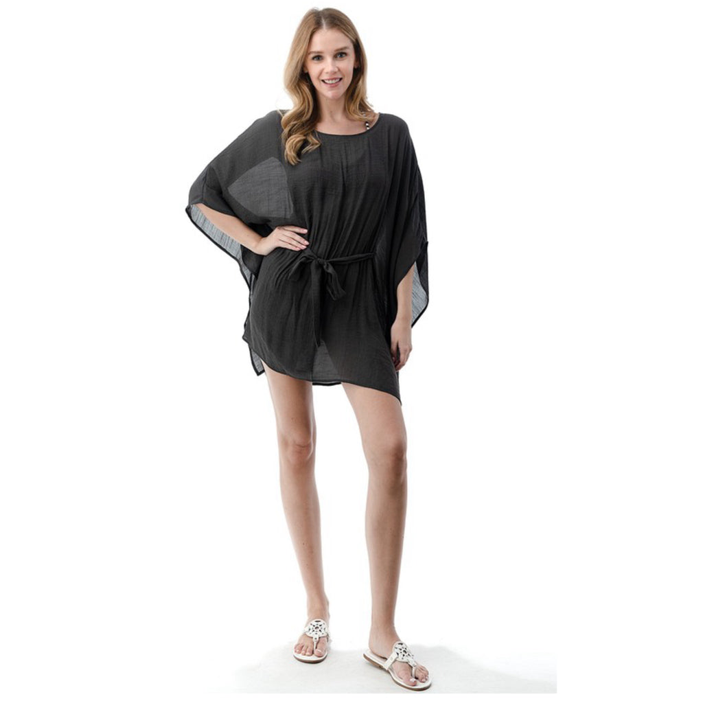 Beach Day Swim Suit Cover Up Lightweight Woven Tie Waist Charcoal Black