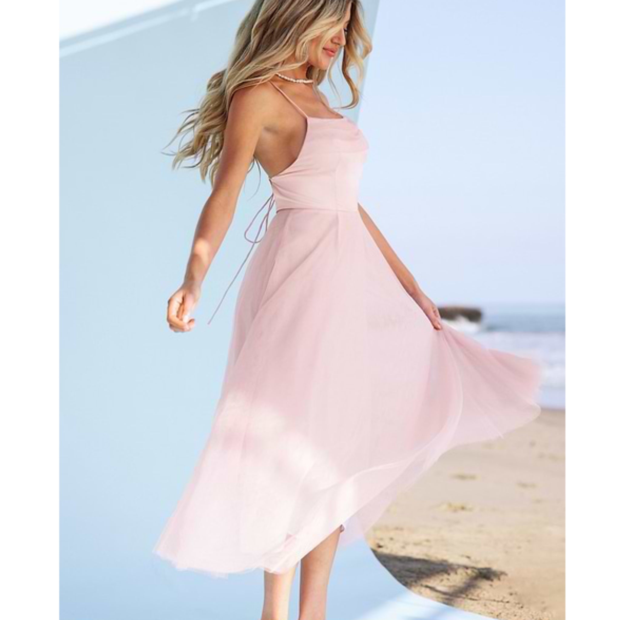 Madison Beach Wedding Honeymoon Tulle Tie Back Maxi Dress in Pink