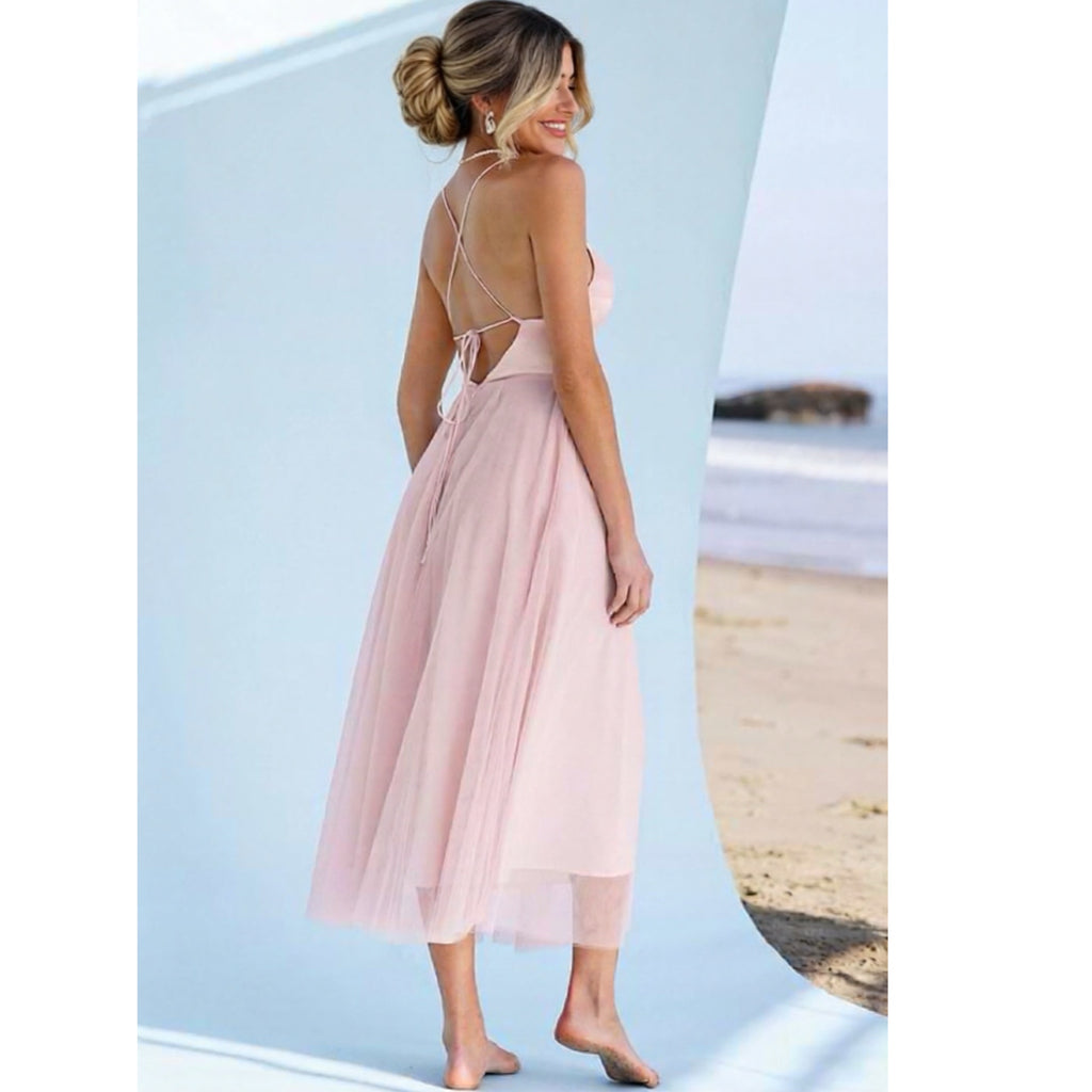 Madison Beach Wedding Honeymoon Tulle Tie Back Maxi Dress in Pink