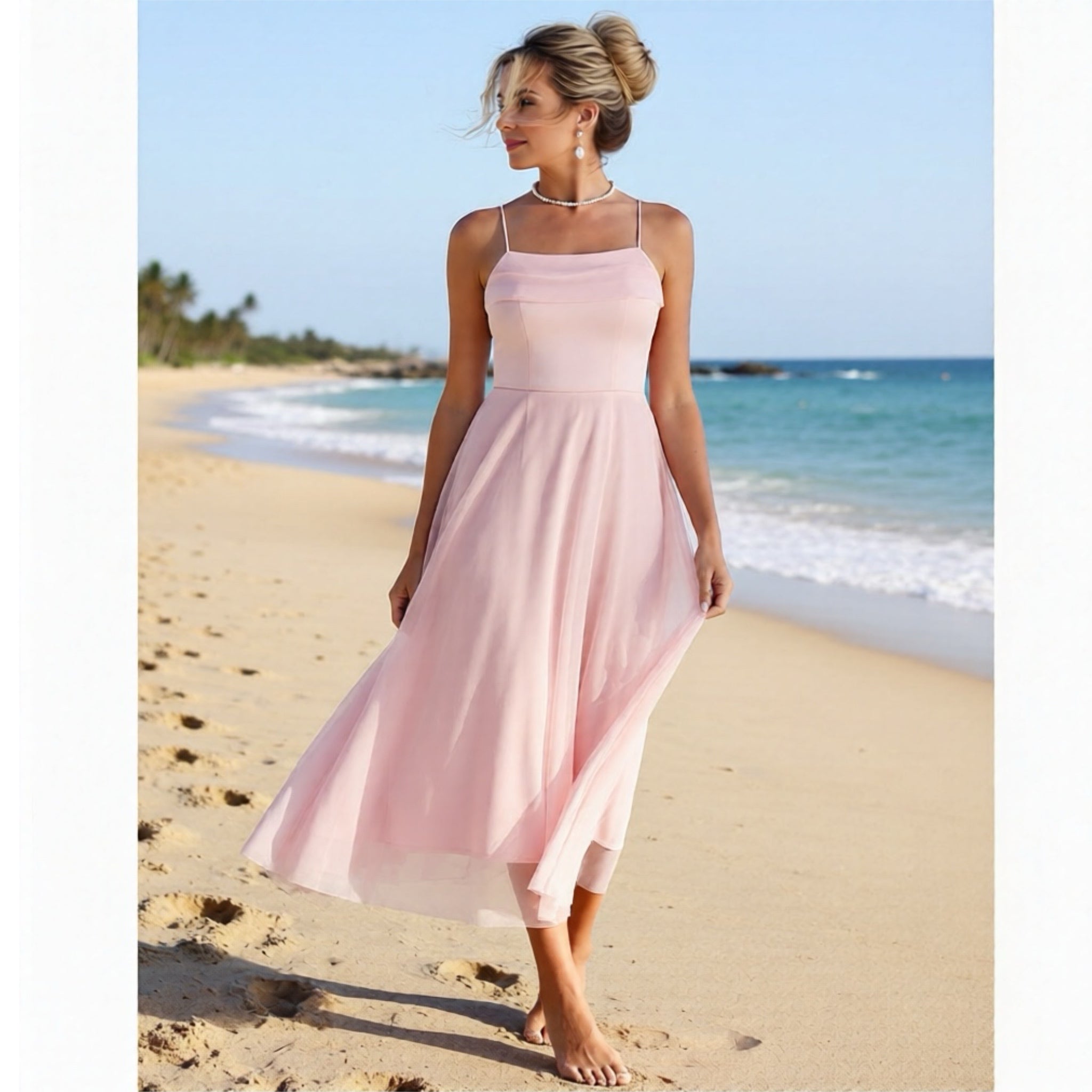 Madison Beach Wedding Honeymoon Tulle Tie Back Maxi Dress in Pink