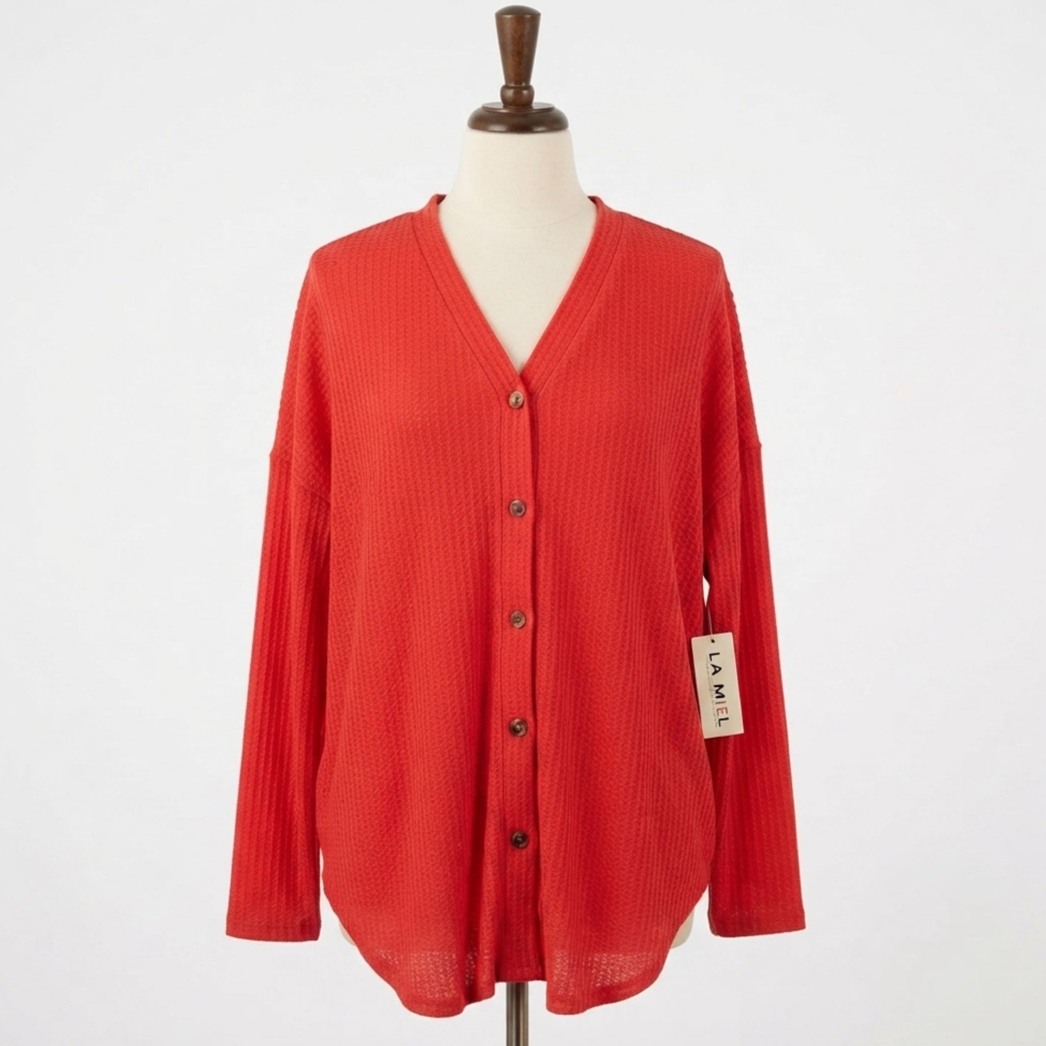 La Miel Soft Waffle Knit Button-Down Long Sleeve Oversized Cardigan