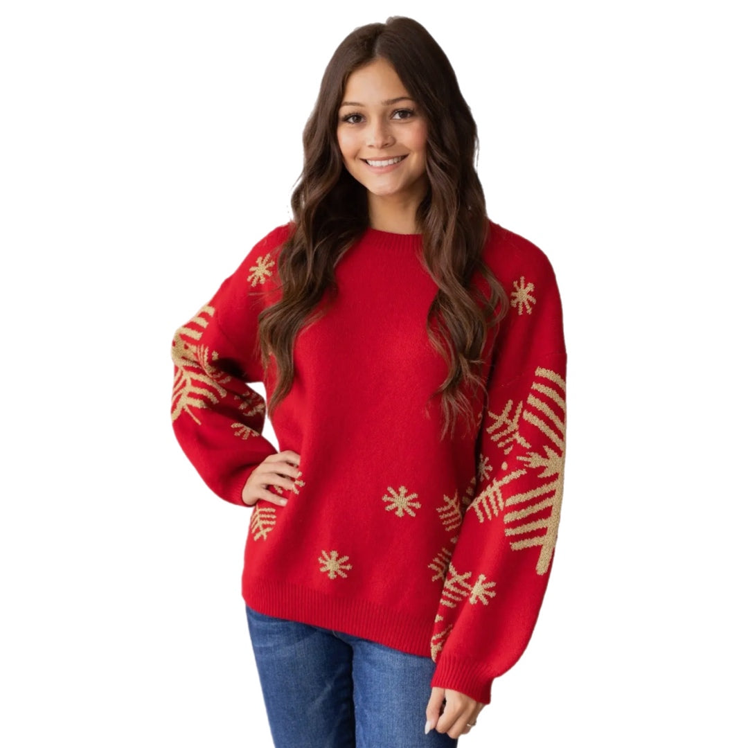 SOUTHERN GRACE Nightfall Frost Red Knit Sweater Gorgeous Gold Snowflakes