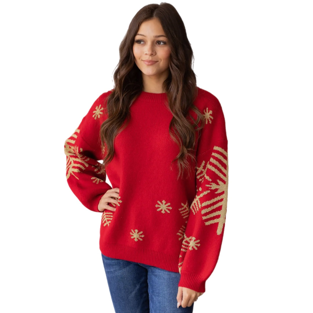 SOUTHERN GRACE Nightfall Frost Red Knit Sweater Gorgeous Gold Snowflakes
