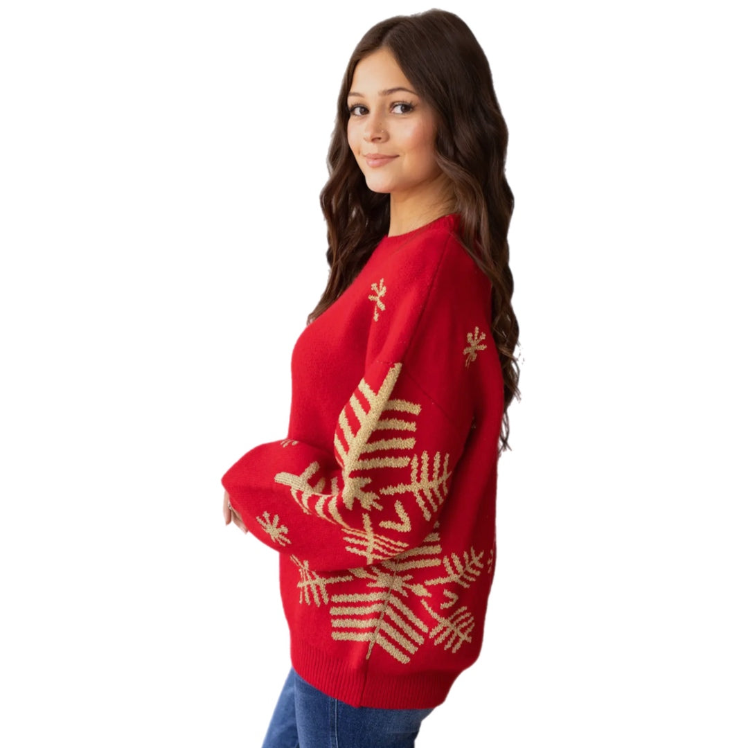 SOUTHERN GRACE Nightfall Frost Red Knit Sweater Gorgeous Gold Snowflakes