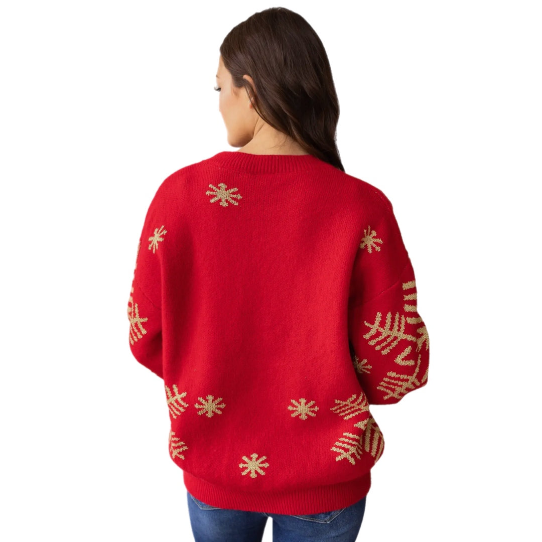SOUTHERN GRACE Nightfall Frost Red Knit Sweater Gorgeous Gold Snowflakes