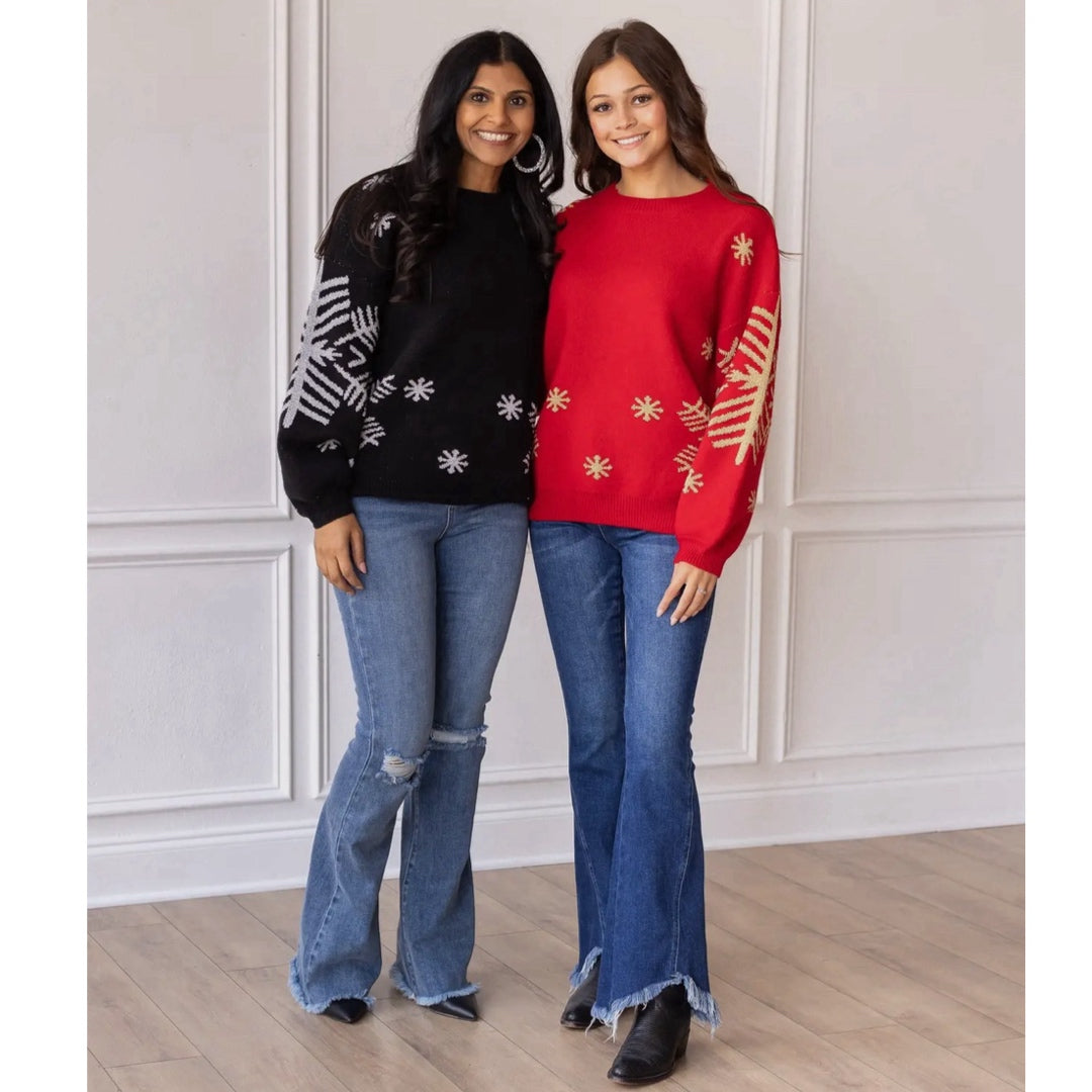 SOUTHERN GRACE Nightfall Frost Red Knit Sweater Gorgeous Gold Snowflakes