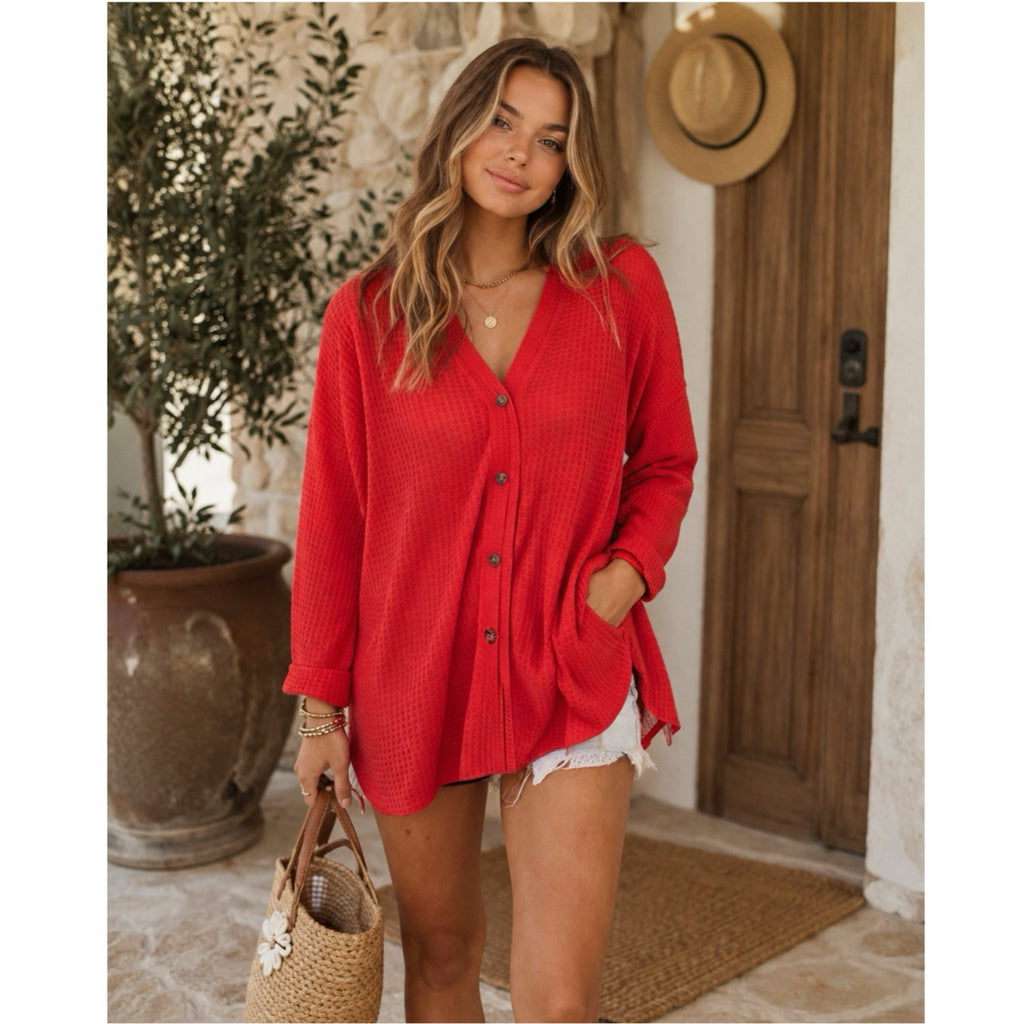 La Miel Soft Waffle Knit Button-Down Long Sleeve Oversized Cardigan