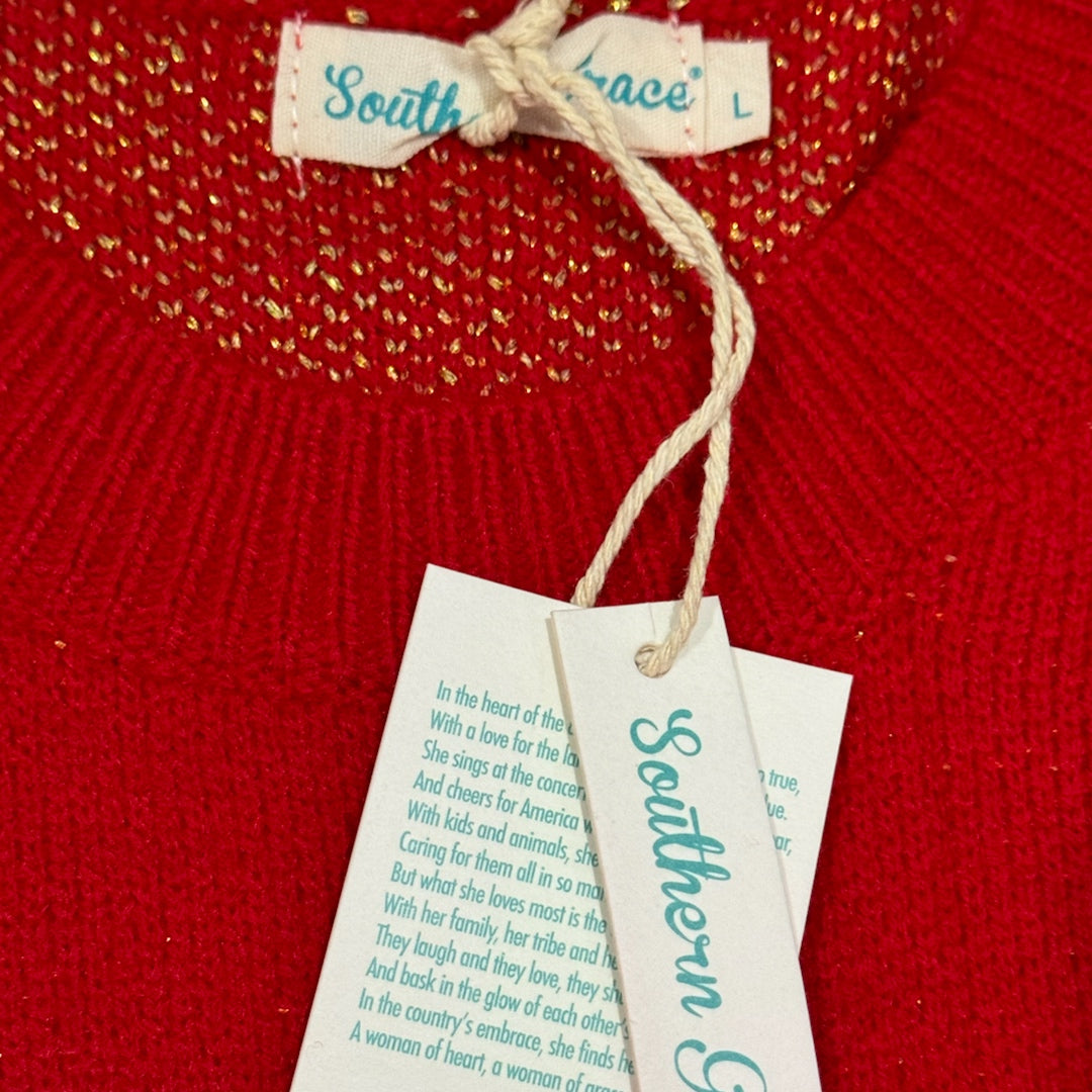 SOUTHERN GRACE Nightfall Frost Red Knit Sweater Gorgeous Gold Snowflakes
