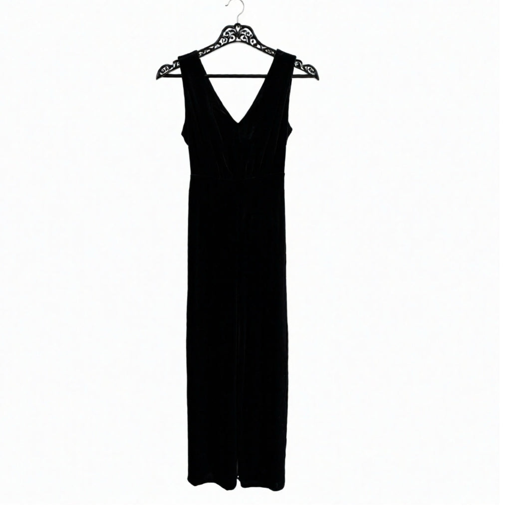 Black Velvet Cocktail Party Jumpsuit Sleeveless Double V Wide Leg Design
